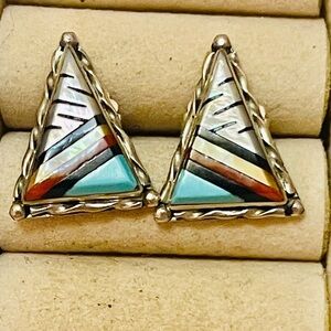 VTG ZUNI Native American Sterling Coral Turquoise Onyx Mother Of Pearl 
Earrings